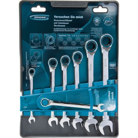 Набір ключів комбінованих з трещіткою, 8 - 19 мм, 7шт., CrV// GROSS