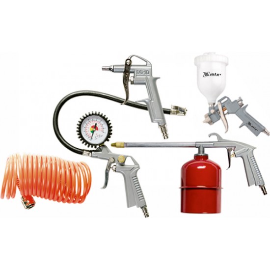 Набір пневмоінструменту, 5 предметів, швидкоз'ємне з'єднання, фарборозпилювач з верхнім бачком// MTX