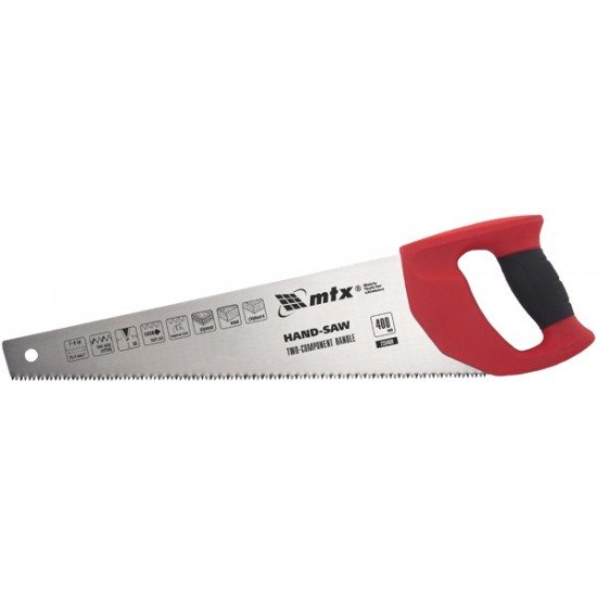 Ножівка по дереву, 450 мм, 7-8 TPI, зуб - 3D, гартований зуб, двокомпонентна рукоятка// MTX